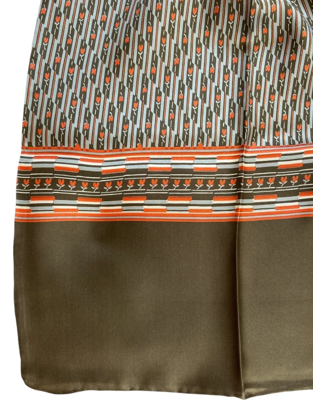 Bloomingdales silk olive green orange heart blossom graphic MCM scarf